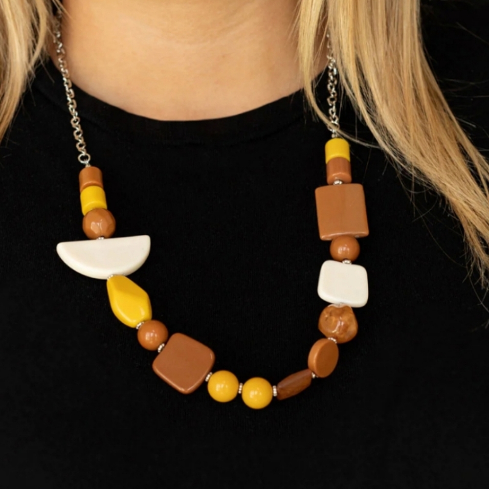 Tranquil Trendsetter Yellow Necklace & Earring Combo Rustic Abstract Beaded